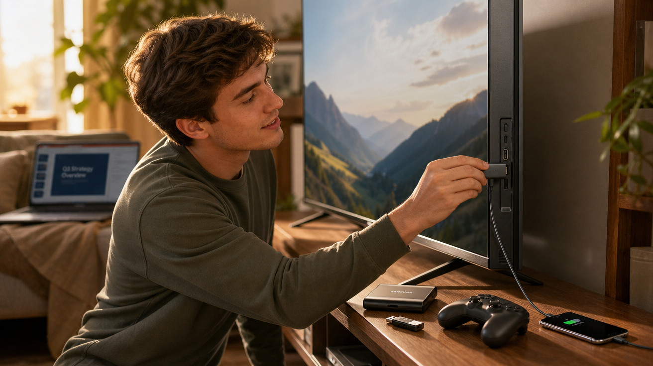 Jovem conectando dispositivo via cabo USB-C em uma TV, com videogame e celular carregando na mesa.