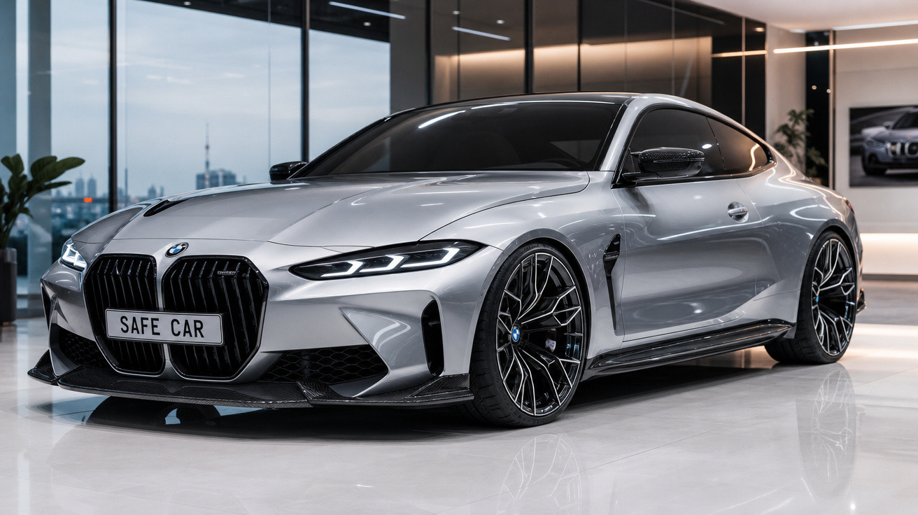 Carro esportivo BMW prata estacionado em showroom moderno com acabamento brilhante e rodas pretas.
