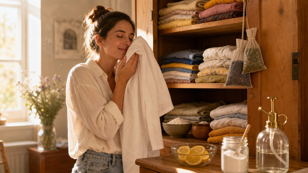 Mulher sente alegria ao cheirar roupa limpa em armário com toalhas organizadas e ambiente iluminado natural.