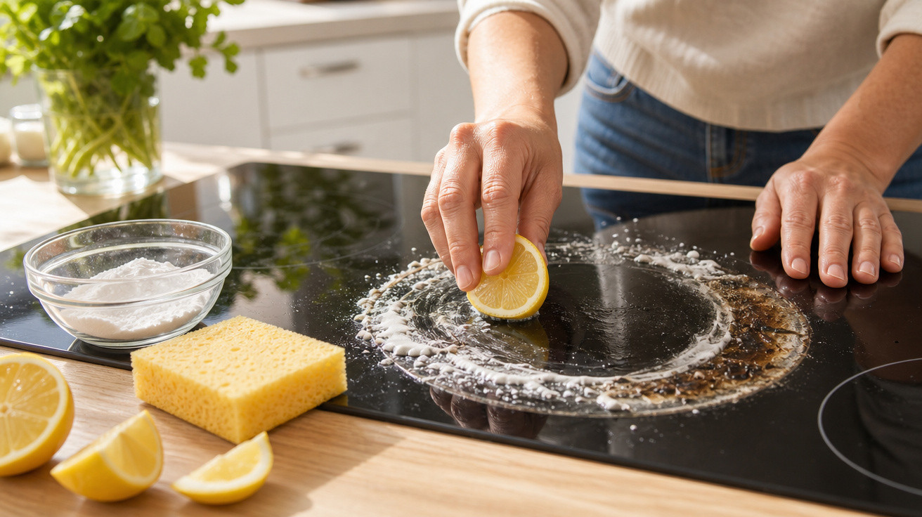 Pessoa limpando fogão com meio limão, esponja, bicarbonato e vinagre branco na cozinha.