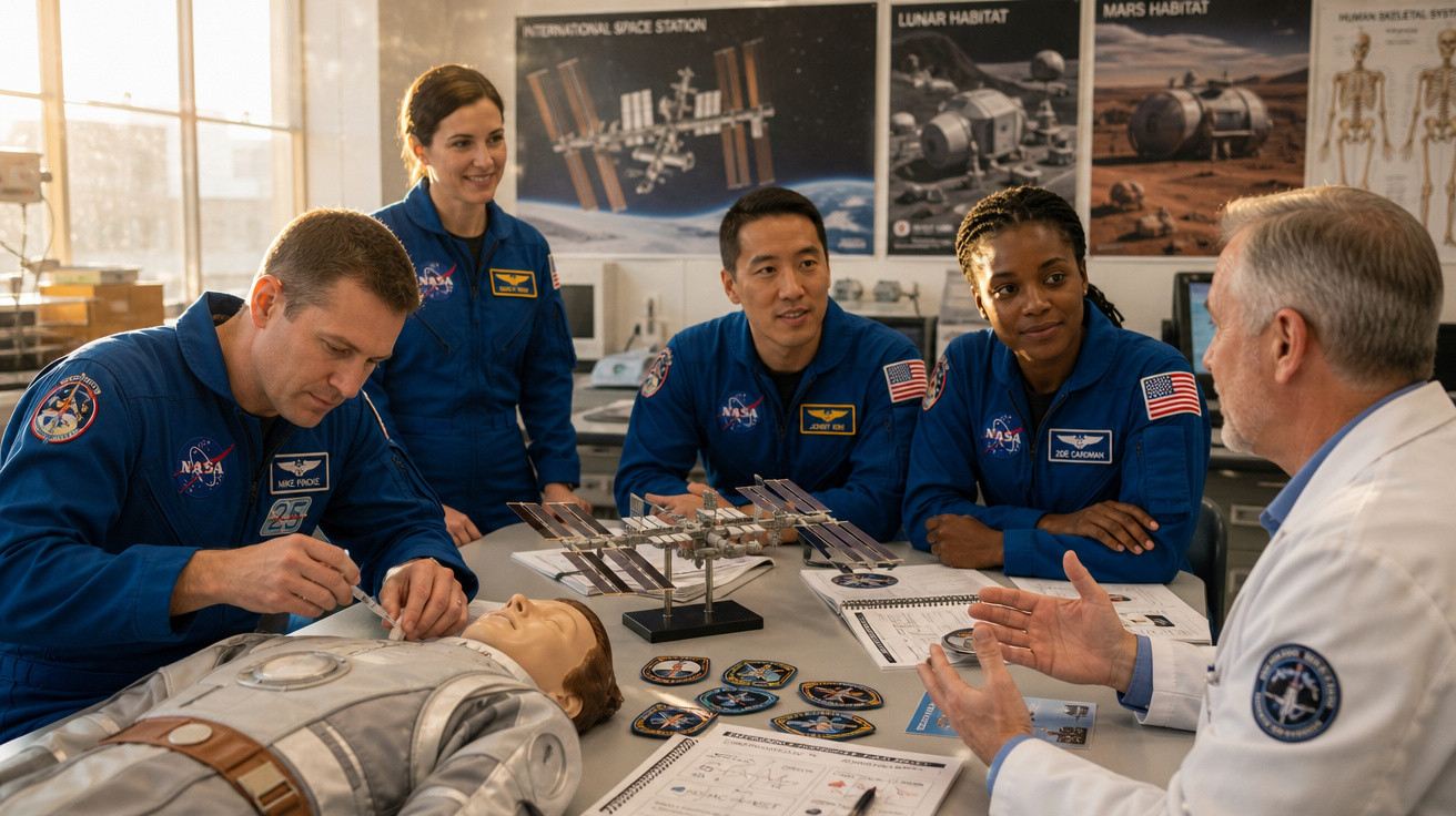 Astronautas em treinamento conversam com instrutor sobre estação espacial e habitats lunares e marcianos.