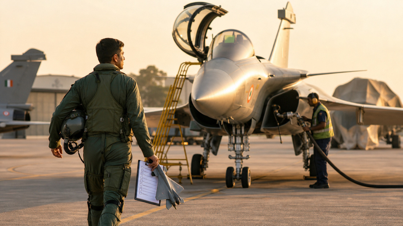 Piloto militar caminha com capacete e documentos próximos a caça sendo abastecido em pista ao entardecer.