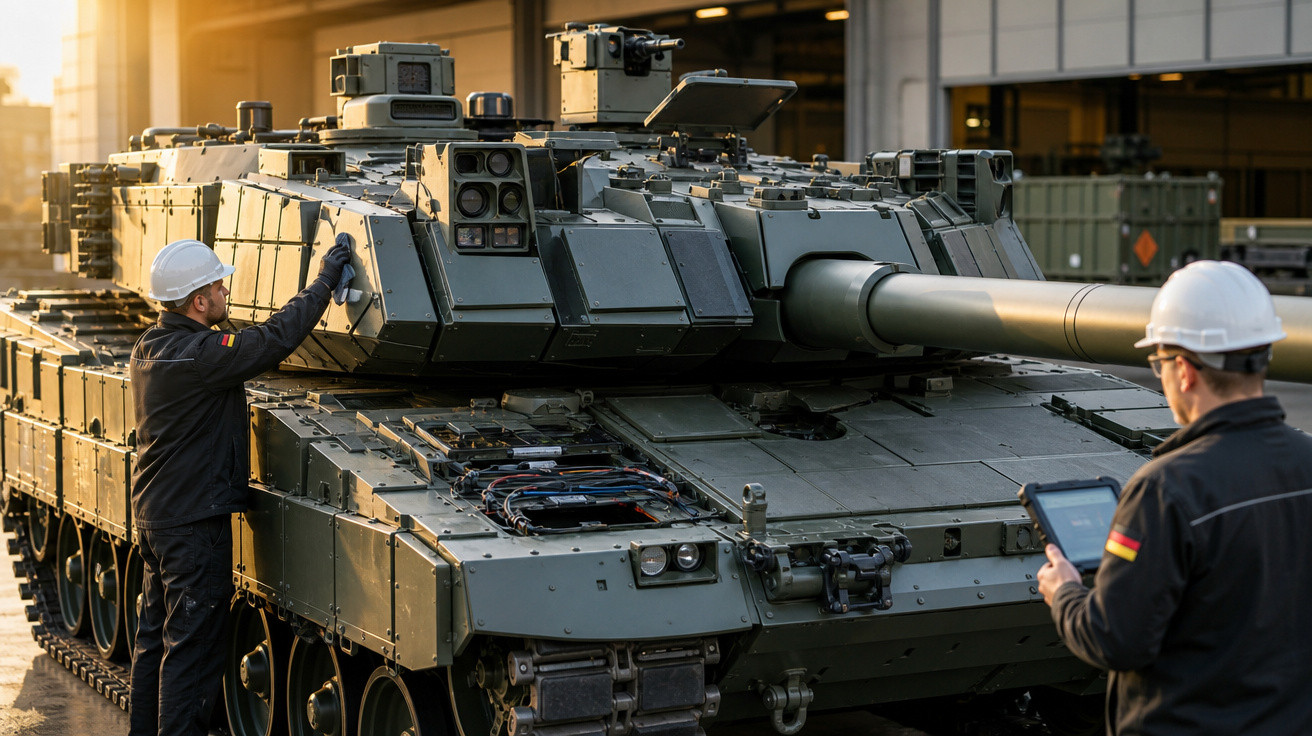 Dois homens com capacetes brancos inspecionam um tanque militar moderno em área industrial ao pôr do sol.