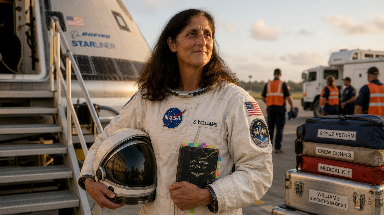 Astronauta S. Williams em traje espacial segurando capacete e manual próximo a cápsula Boeing Starliner.
