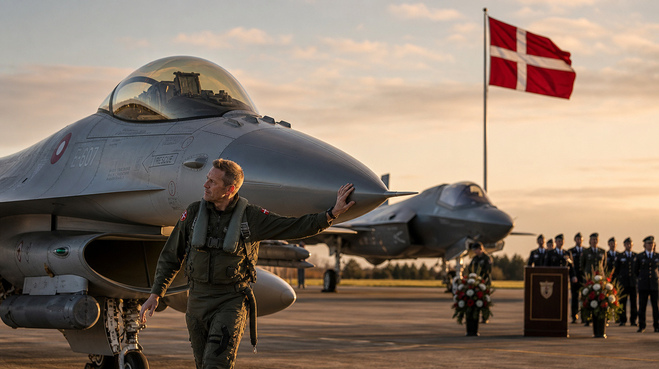 Piloto militar toca em caça F-16 estacionado com bandeira da Dinamarca ao fundo durante cerimônia ao pôr do sol.