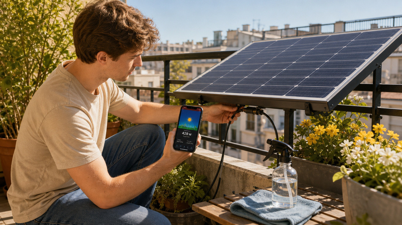 Homem usando celular para monitorar painel solar em varanda com plantas e flores ao redor.