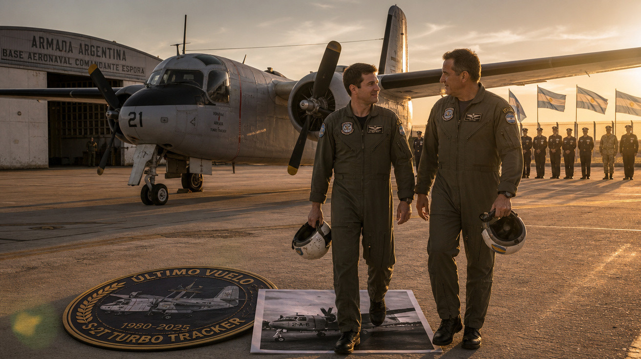 Dois pilotos em uniforme caminham na pista ao lado de avião militar e placas comemorativas ao pôr do sol.