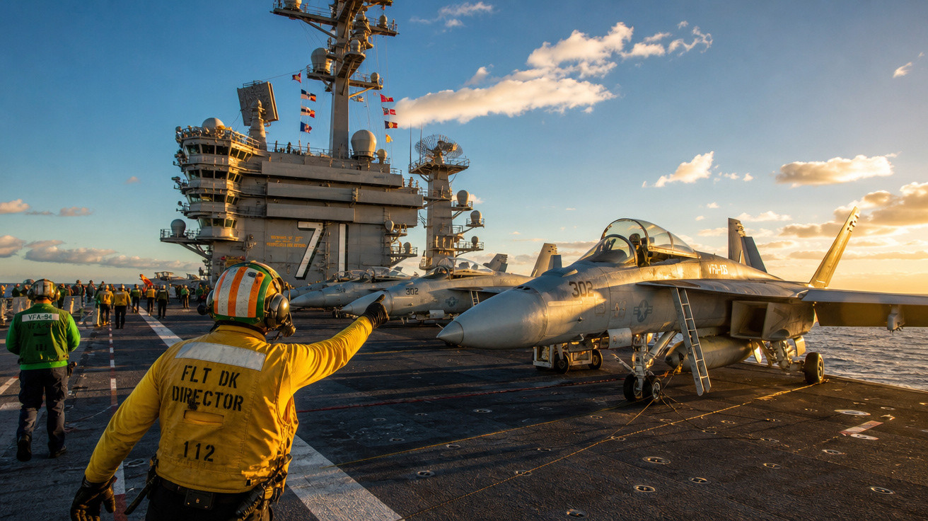 Operador em colete amarelo sinaliza na entrada de caça F/A-18 no porta-aviões ao pôr do sol.