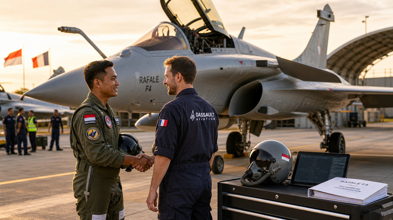 Dois pilotos militares apertam as mãos em frente a um caça Rafale F4 no hangar, com capacetes e documentos sobre uma mesa.