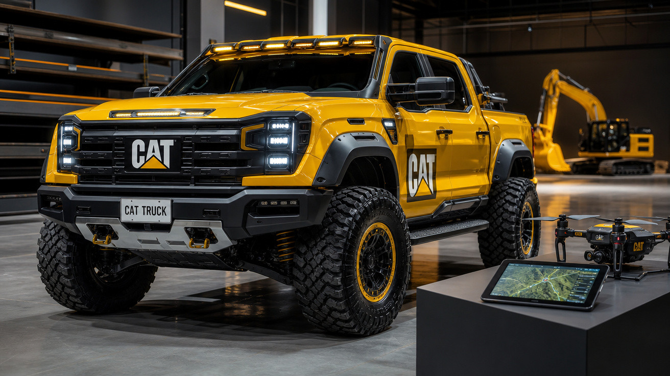 Caminhonete off-road amarela da CAT em exposição com drone e tablet em destaque ao lado.
