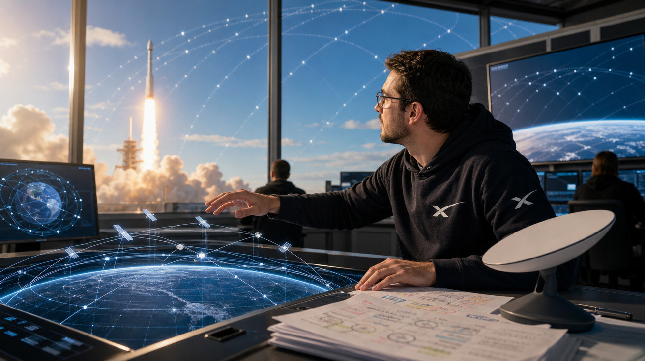 Homem em centro de controle acompanha lançamento de foguete com painel digital de satélites e Terra.