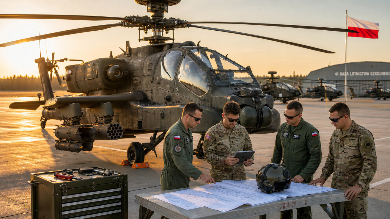 Militares analisam mapas ao lado de helicópteros de combate Apache em base aérea ao pôr do sol.
