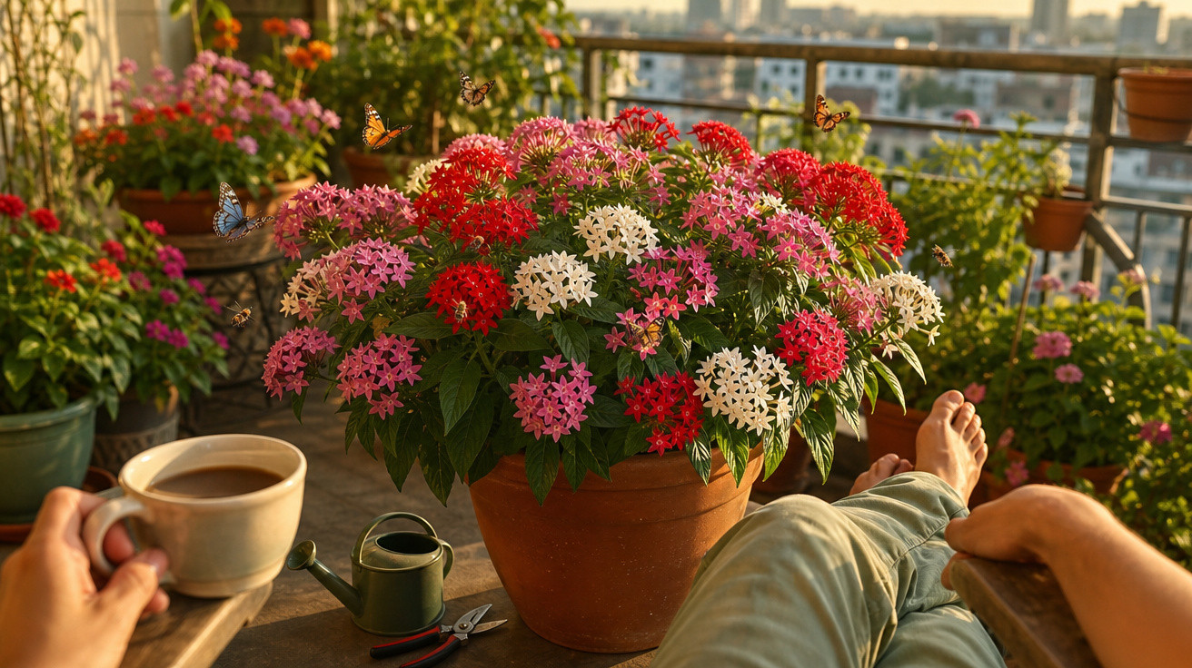 Varanda com várias plantas, vaso de flores coloridas e borboletas, pessoa segurando café e relaxando.
