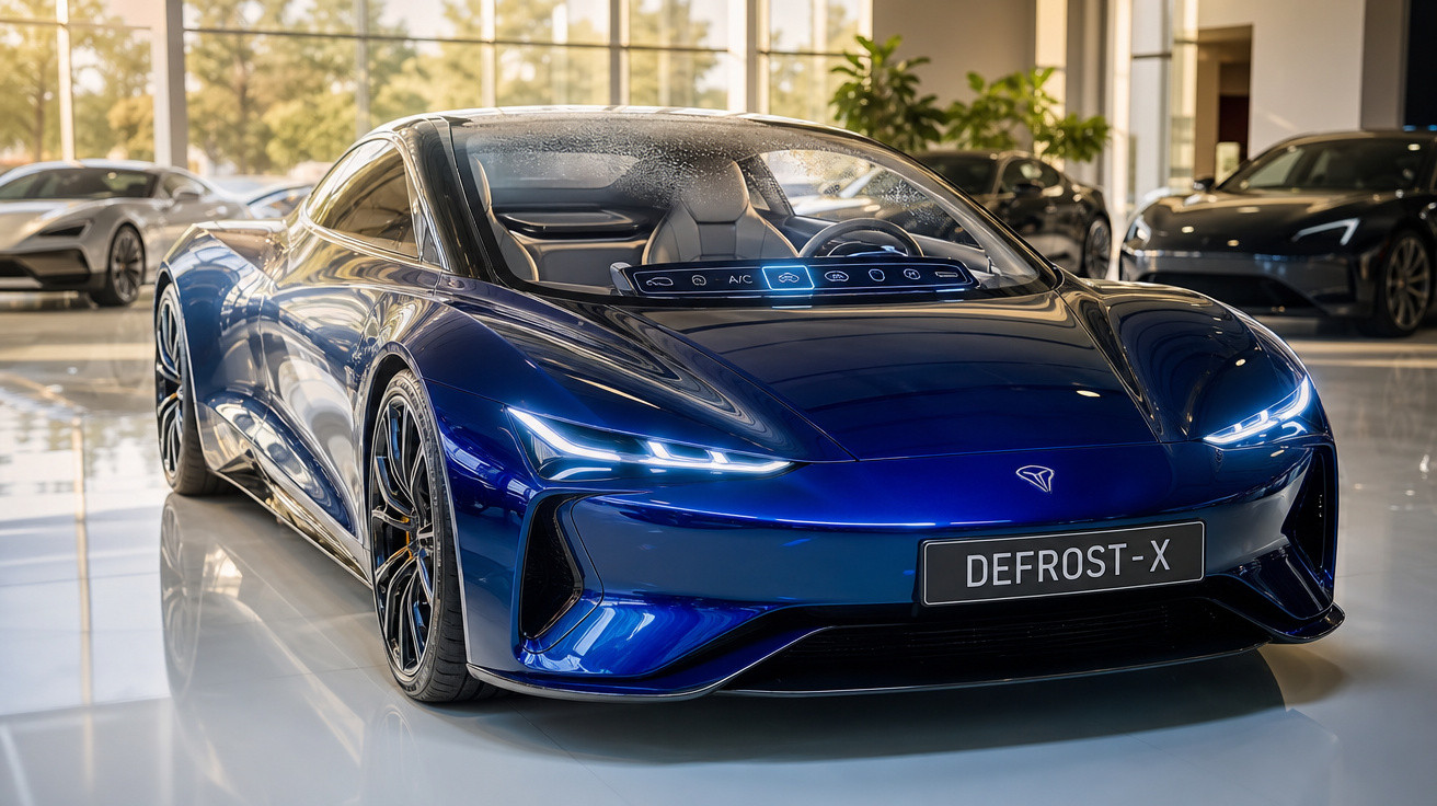 Carro esportivo azul elétrico futurista em exposição com luzes dianteiras acesas e painel digital visível.
