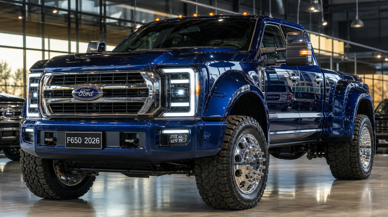 Picape Ford F650 2026 azul metálico, com rodas grandes e faróis em LED, exposta em showroom moderno.