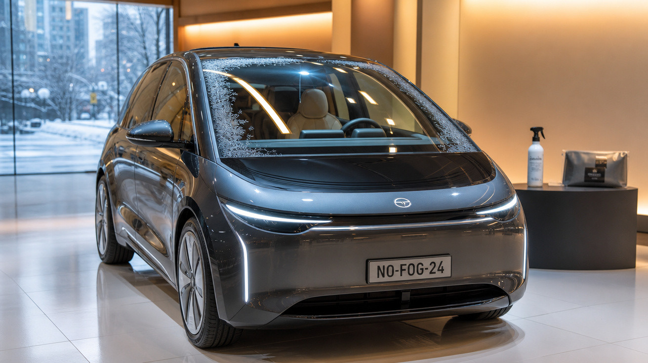 Carro elétrico moderno cinza em exibição interna com vidro frontal parcialmente embaçado e placa NO-FOG-24.
