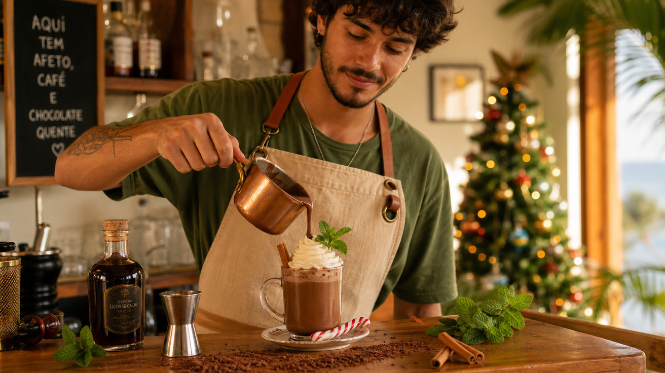 Barista jovem preparando e decorando chocolate quente com chantilly em café com árvore de Natal ao fundo.