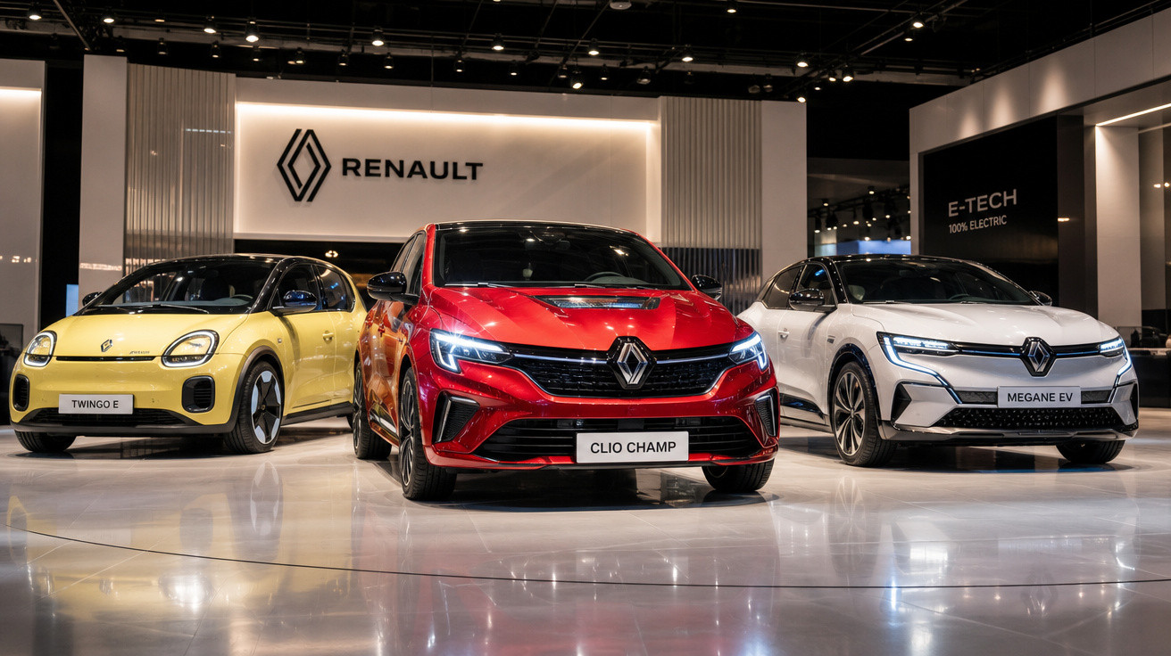Três carros Renault expostos, modelos Twingo E amarelo, Clio Champ vermelho e Megane EV branco, em salão iluminado.
