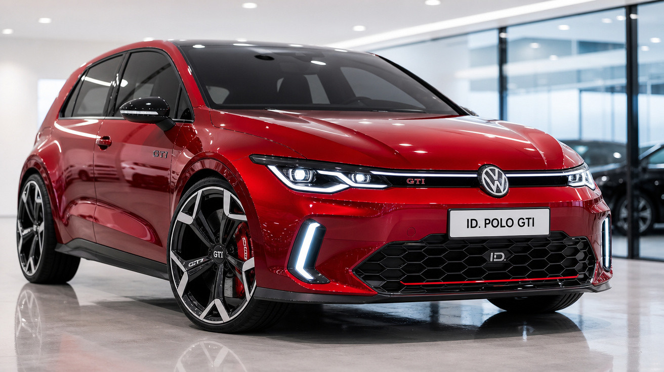 Carro vermelho Volkswagen ID. Polo GTI em ambiente interno bem iluminado com rodas pretas e detalhes esportivos.