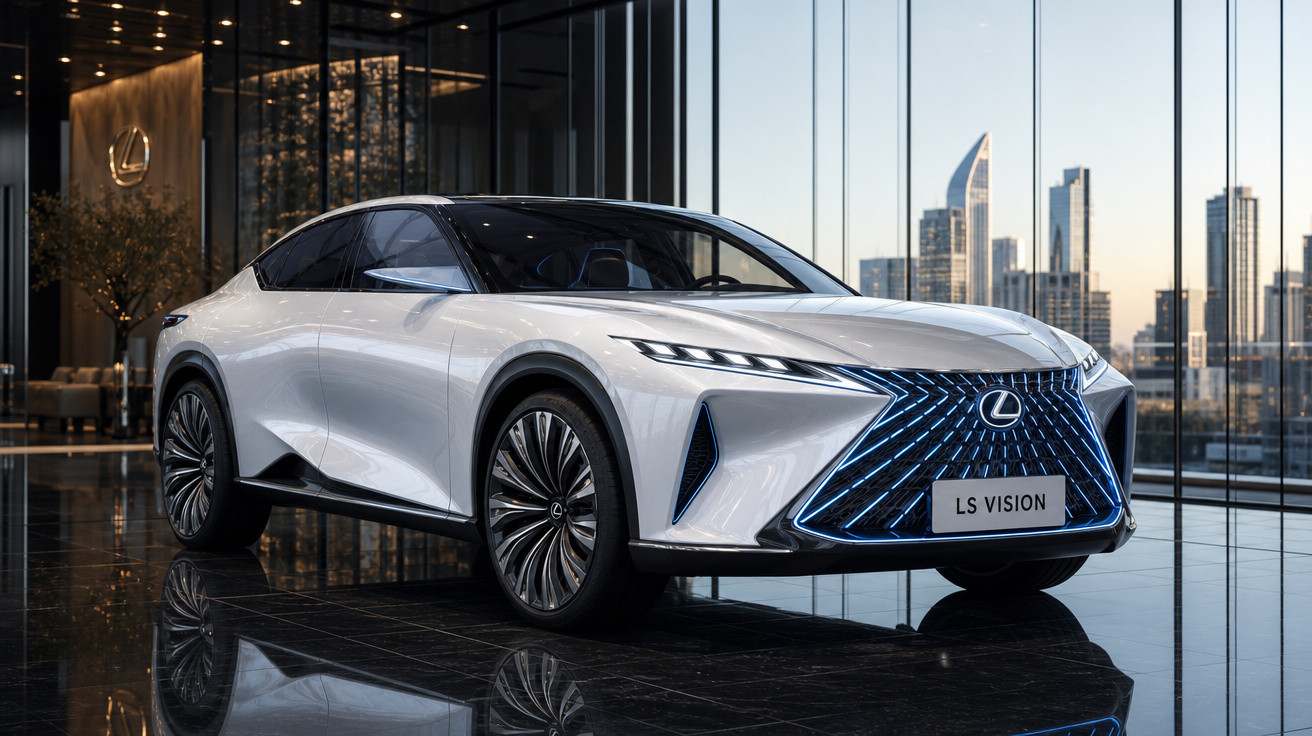 Carro elétrico Lexus LS Vision branco em exposição interna com vidro e vista urbana ao fundo.