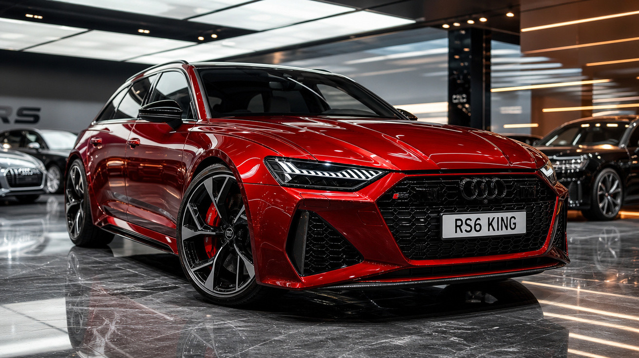 Carro esportivo Audi RS6 Avant vermelho com rodas pretas em showroom moderno com chão de mármore.