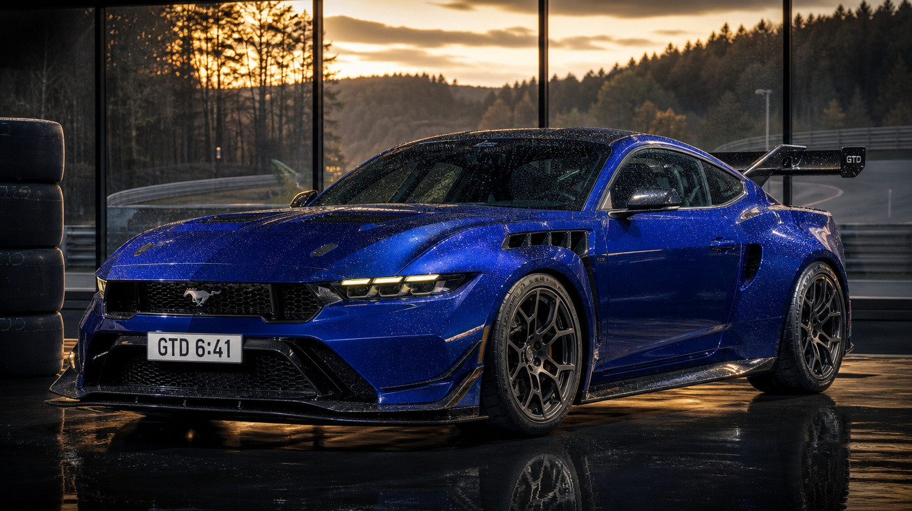 Carro esportivo azul Ford Mustang GTD estacionado em garagem com janelas e neblina ao amanhecer.