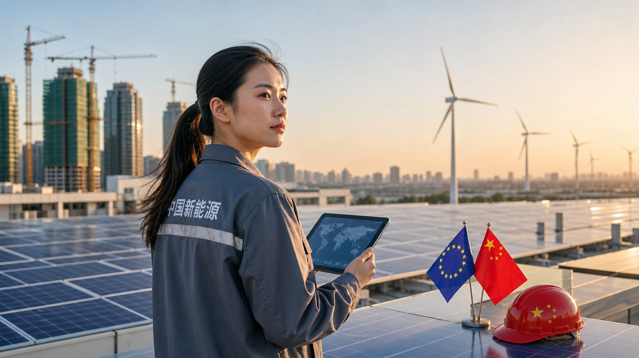 Mulher asiática com tablet em usina solar, com turbinas eólicas e construção ao fundo ao pôr do sol.