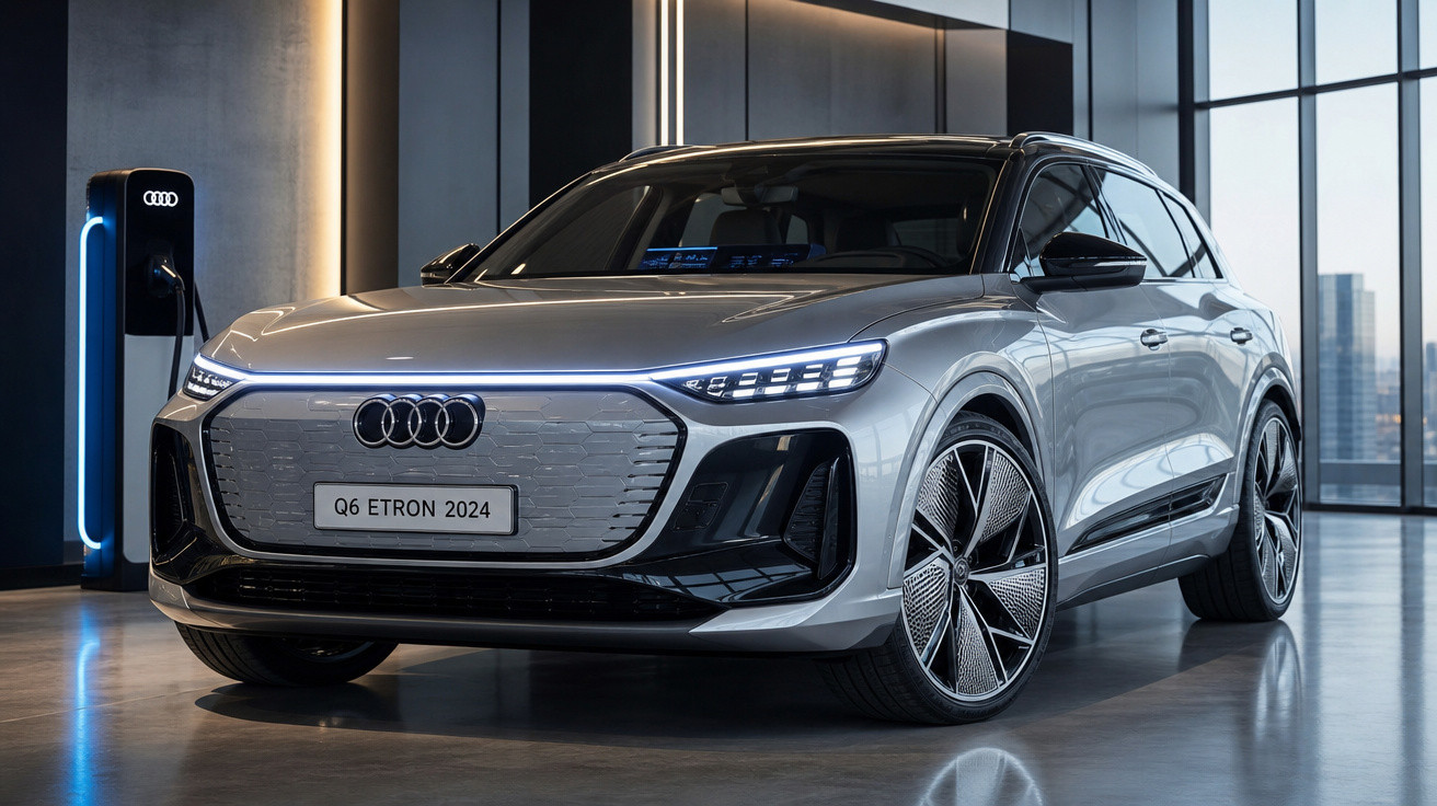 Audi Q6 E-Tron 2024 prata estacionado em ambiente moderno com estação de recarga elétrica ao fundo.