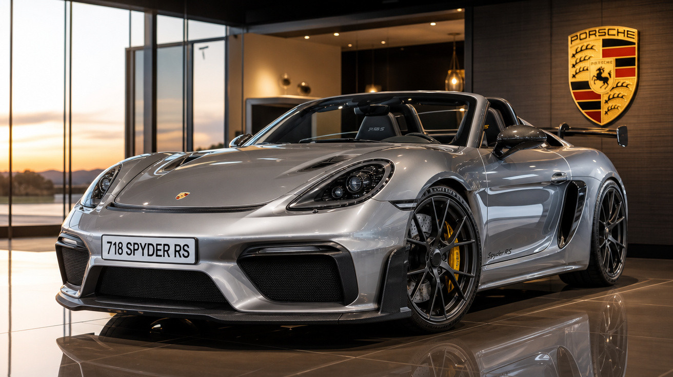 Carro esportivo Porsche 718 Spyder RS prata em showroom elegante com logo Porsche iluminado na parede.