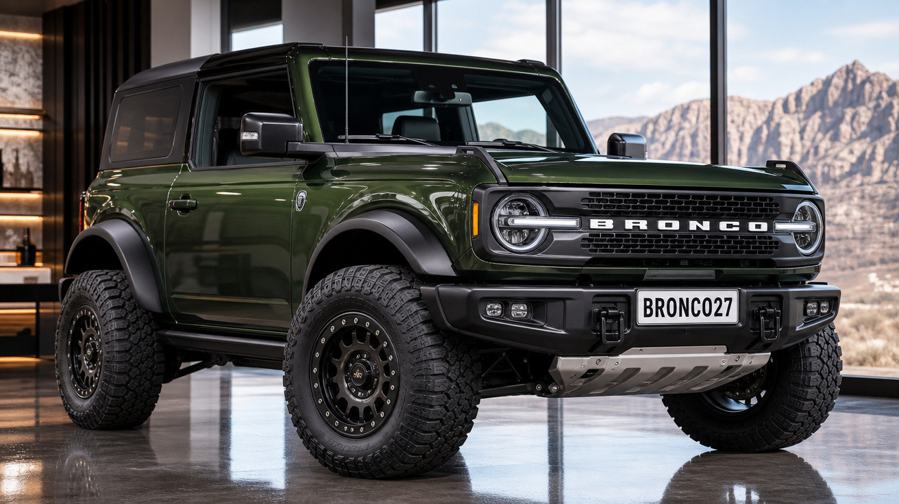 SUV Ford Bronco verde escuro com pneus off-road em ambiente interno com janelas e montanhas ao fundo.