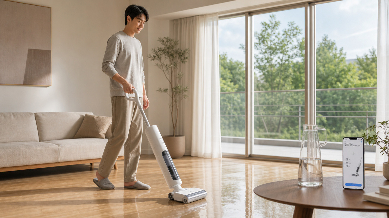 Homem usando aspirador vertical em sala de estar clara com sofá e varanda ao fundo.