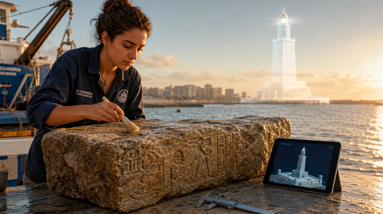 Mulher restaurando pedra com hieróglifos à beira-mar, com tablet mostrando modelo 3D e farol holográfico ao fundo.