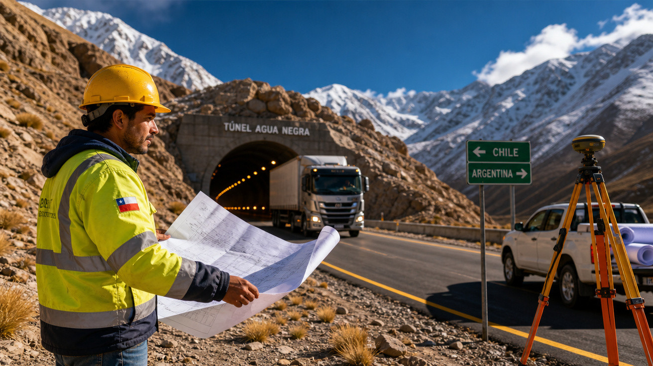 Engenheiro com capacete e plantas observa estrada perto do túnel Água Negra entre Chile e Argentina.