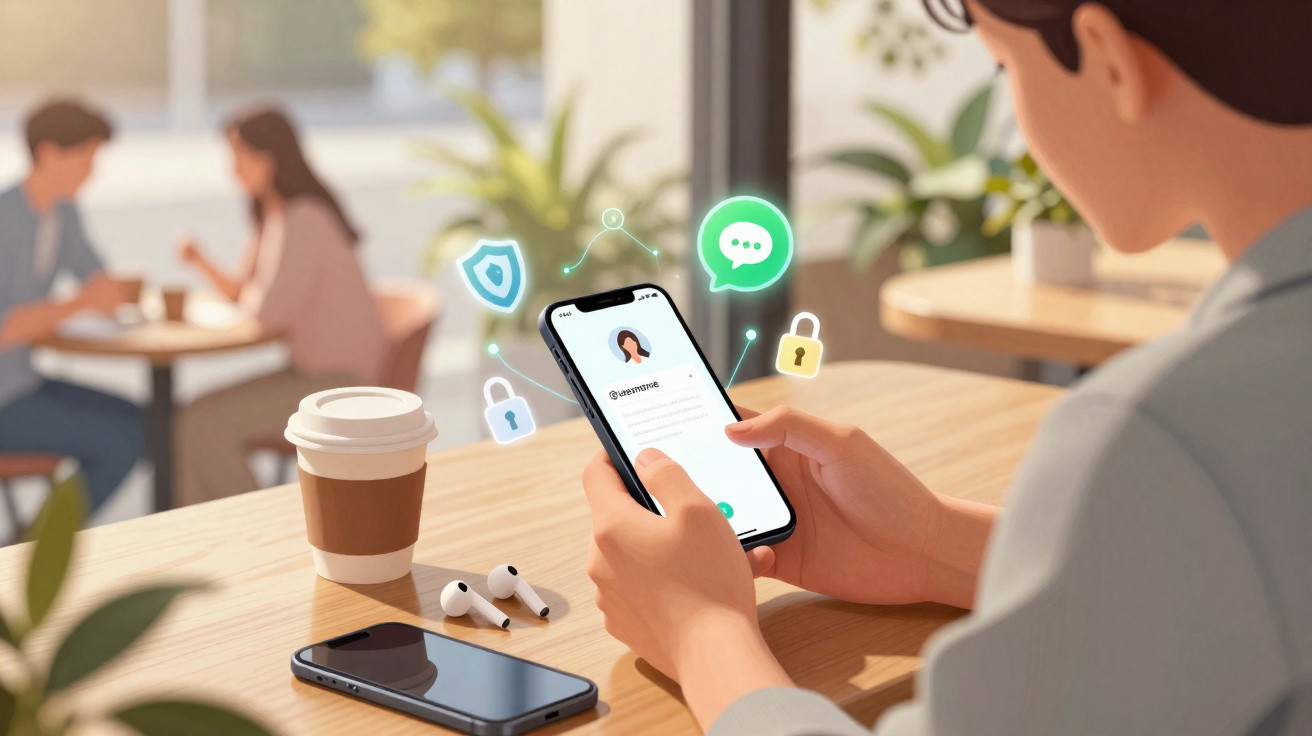 Pessoa segurando smartphone com ícones de segurança digital em café, com outro celular, fones e café na mesa.