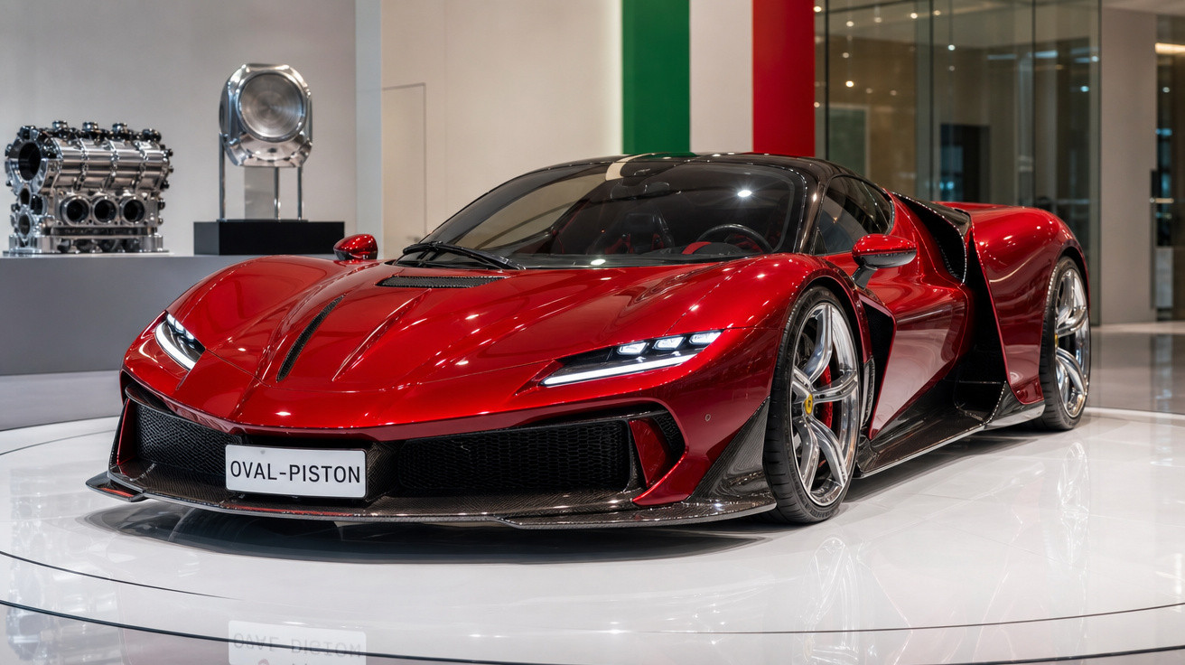 Carro esportivo vermelho brilhante Oval-Piston exibido em plataforma branca em ambiente moderno.