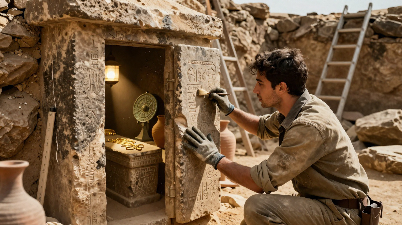 Arqueólogo escavando uma tumba antiga com inscrições e artefatos egípcios em sítio arqueológico.