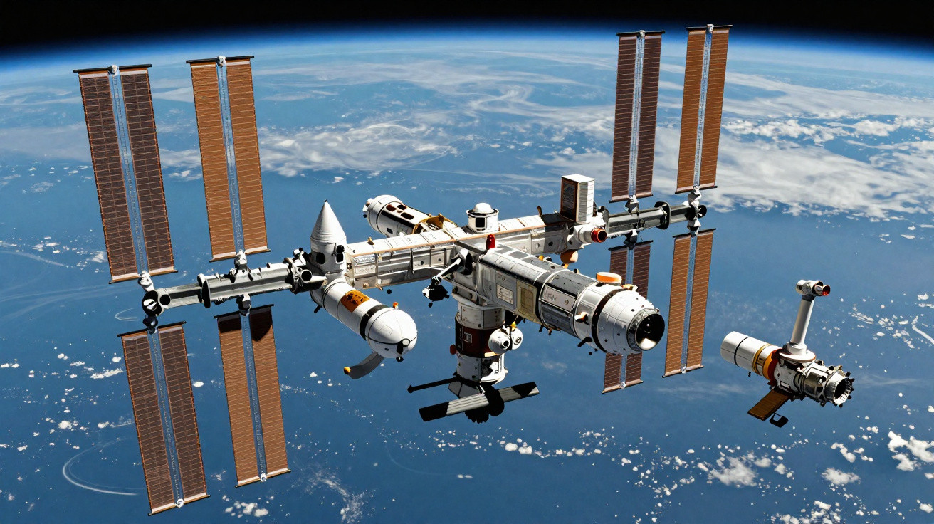 Estação espacial com painéis solares orbitando a Terra em um céu escuro com planeta ao fundo.