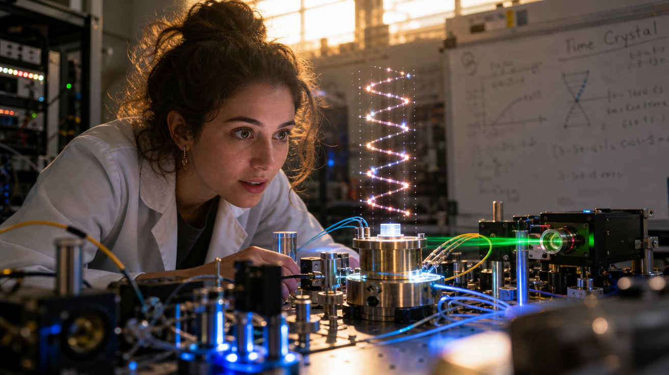 Mulher cientista observa experimento com equipamento de laboratório e projeção digital de espiral luminosa.