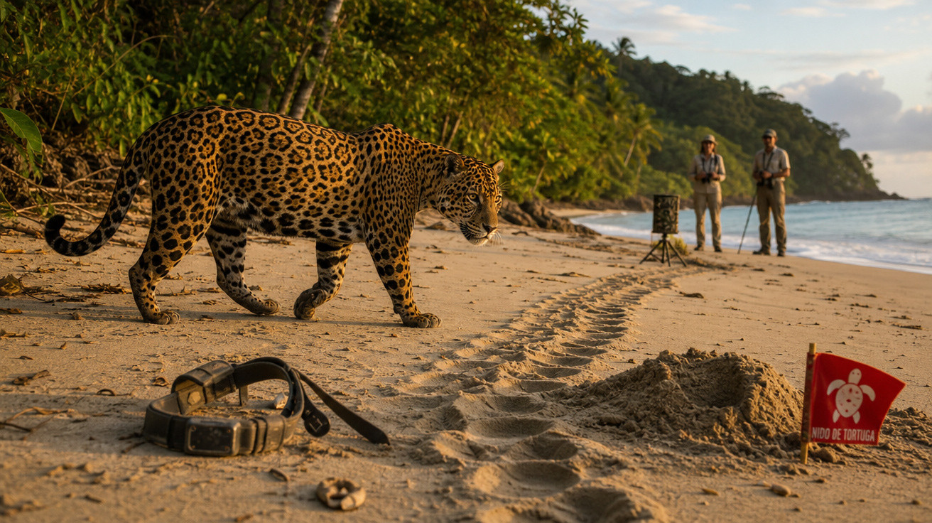 Onça-pintada caminhando na praia próxima a dois observadores e uma placa de ninho de tartaruga.