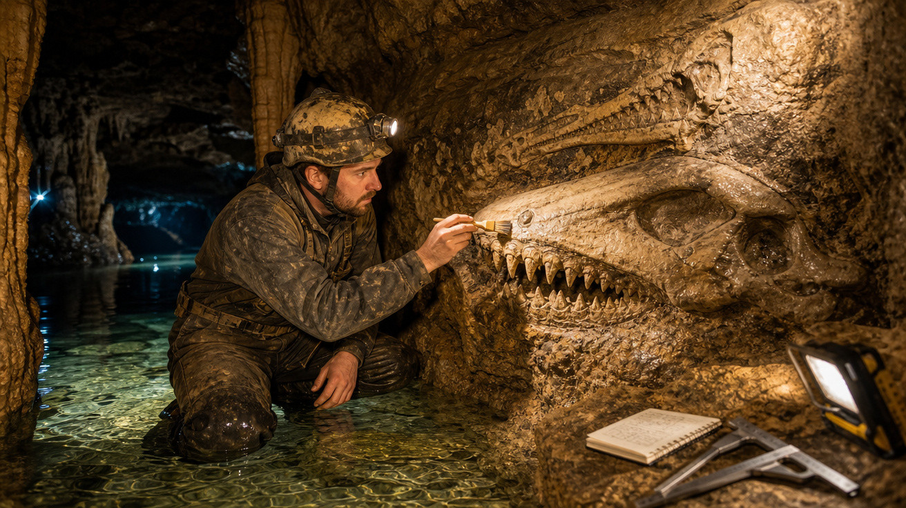 Homem com capacete e lanterna restaurando um fóssil de dinossauro em uma caverna alagada.
