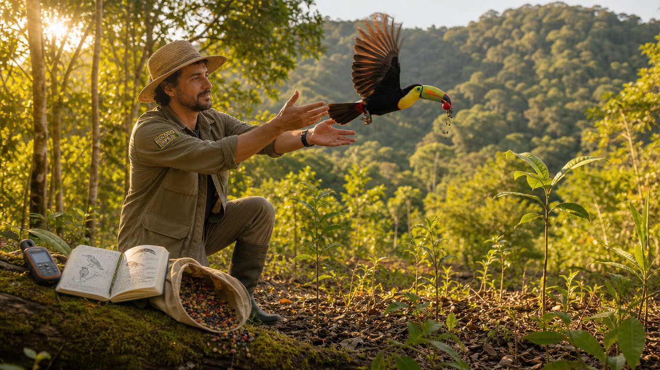 Homem alimenta tucano com frutas em floresta durante o pôr do sol, ao lado de caderno e equipamentos.