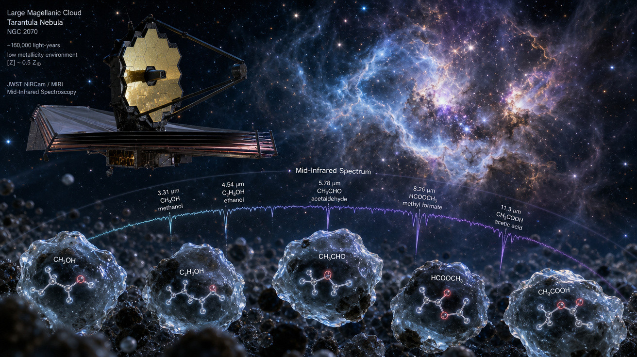 Ilustração do Telescópio James Webb analisando espectro infravermelho médio da Nebulosa Tarântula na Grande Nuvem de Magalhãe