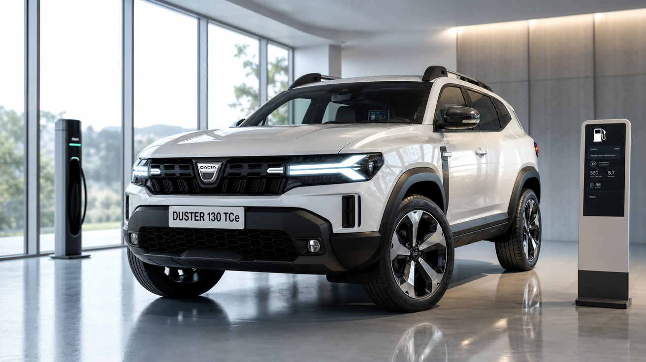 SUV branco Dacia Duster 130 TCe em ambiente interno moderno e iluminação natural.