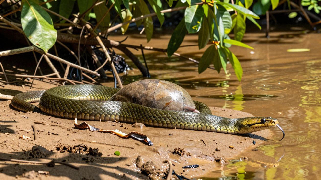 Cobra verde sobre banco de areia próxima à água com casco de tartaruga ao fundo e folhagens ao redor.