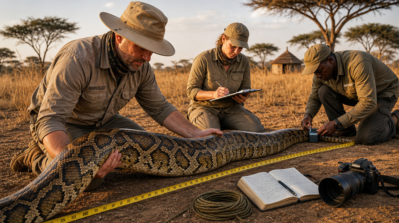 Três pesquisadores medindo uma píton gigante em savana, anotando dados com caderno e câmera ao lado.