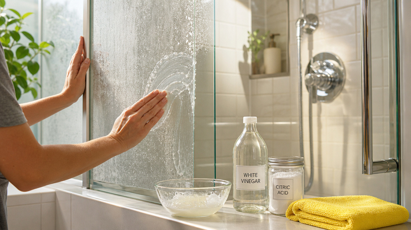 Pessoa limpando vidro do box do banho com ingredientes naturais como vinagre branco e ácido cítrico.
