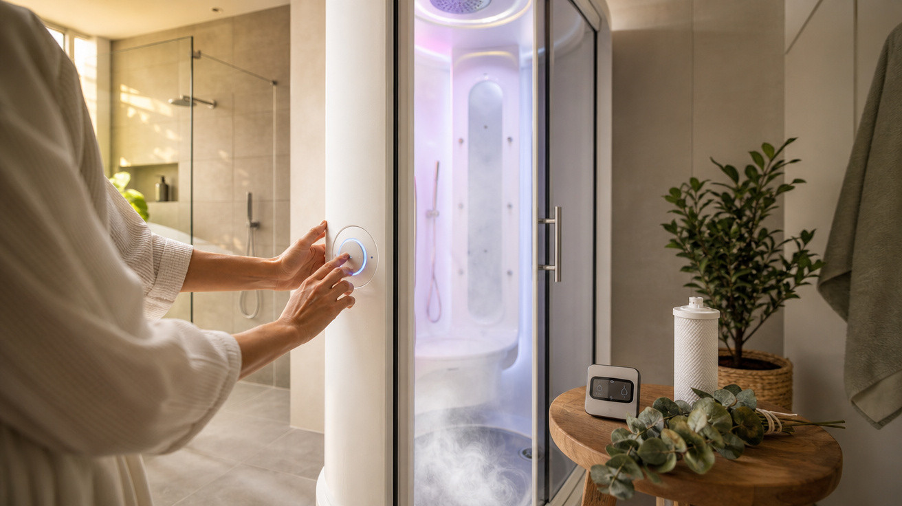 Pessoa ativando sauna a vapor em banheiro moderno com plantas e toalha pendurada.