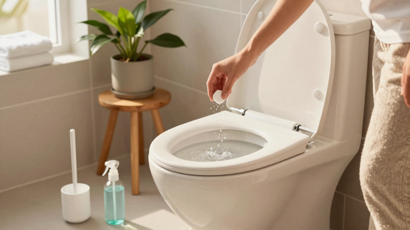 Pessoa jogando um comprimido efervescente dentro de um vaso sanitário branco em banheiro iluminado.
