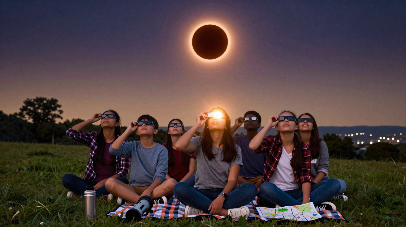Grupo de jovens sentados na grama assistindo a um eclipse solar com óculos de proteção.