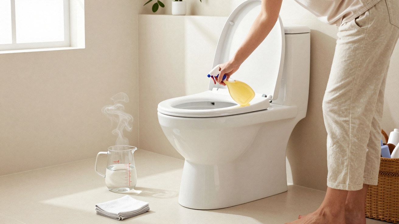 Pessoa aplicando produto de limpeza no vaso sanitário branco em banheiro claro e arejado.
